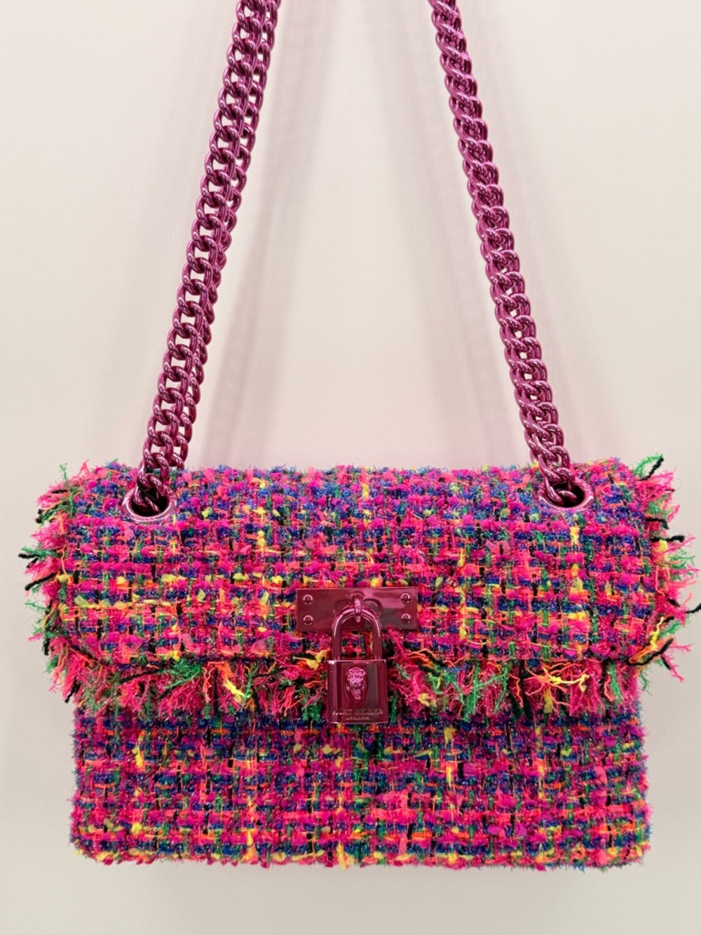 KURT GEIGER London Mini Brixton Lock Bag Tweed Multicolor Pink Chain NWT